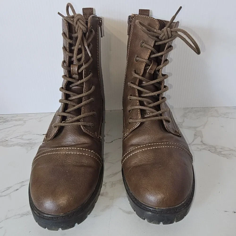 Women’s Brown Lace Up Combat Boots Sz 9.5 Side Zip Ankle, New
